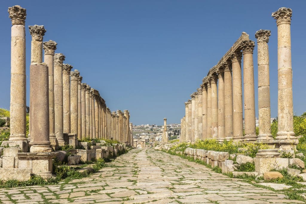 Amman, Jordan. detail of Roman columns inside the citadel, known archaeological site of tourism destination.